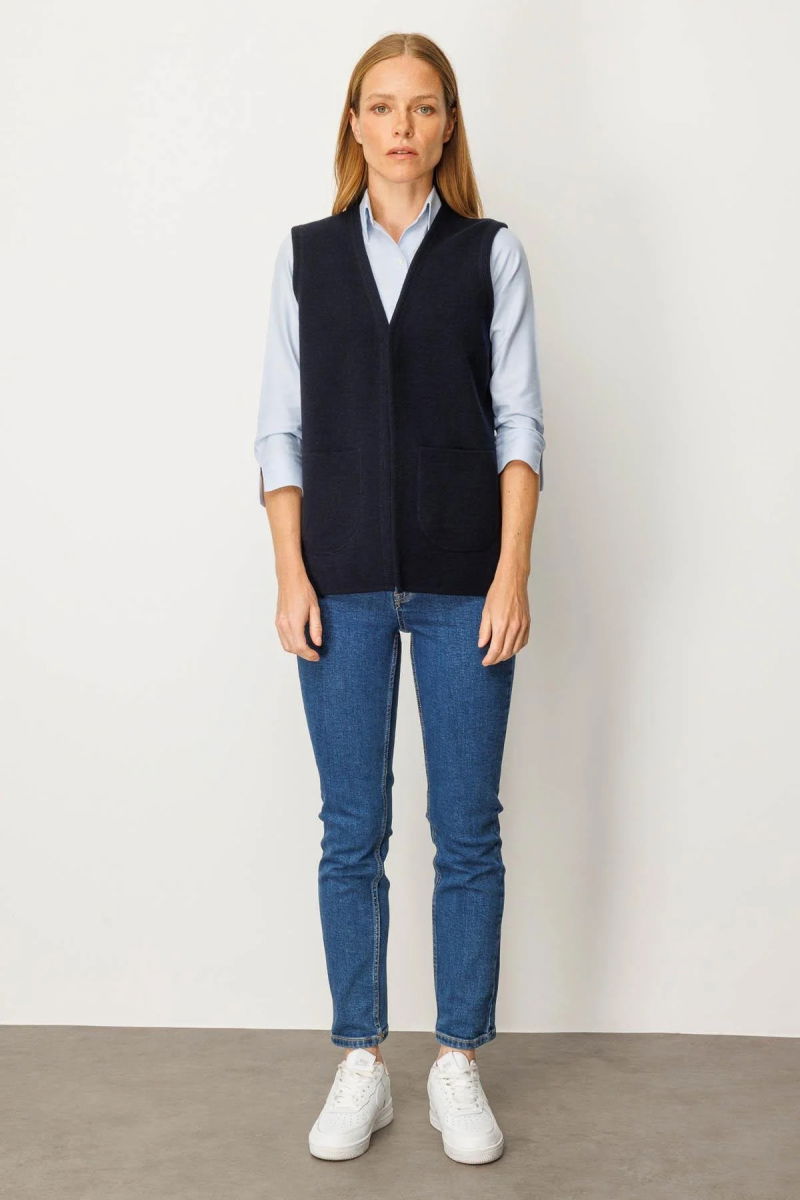 Desen Triko Kadın V Yaka Çelik Örgü Yün Anne Yelek 25044 Koyu Lacivert - 2