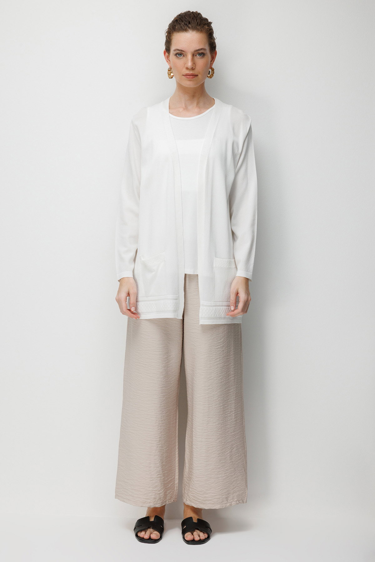 Desen Triko Kadın V Yaka Etek Ucu Baklavalı Önü Açık İnce Triko Hırka 26366 Kemik - 2