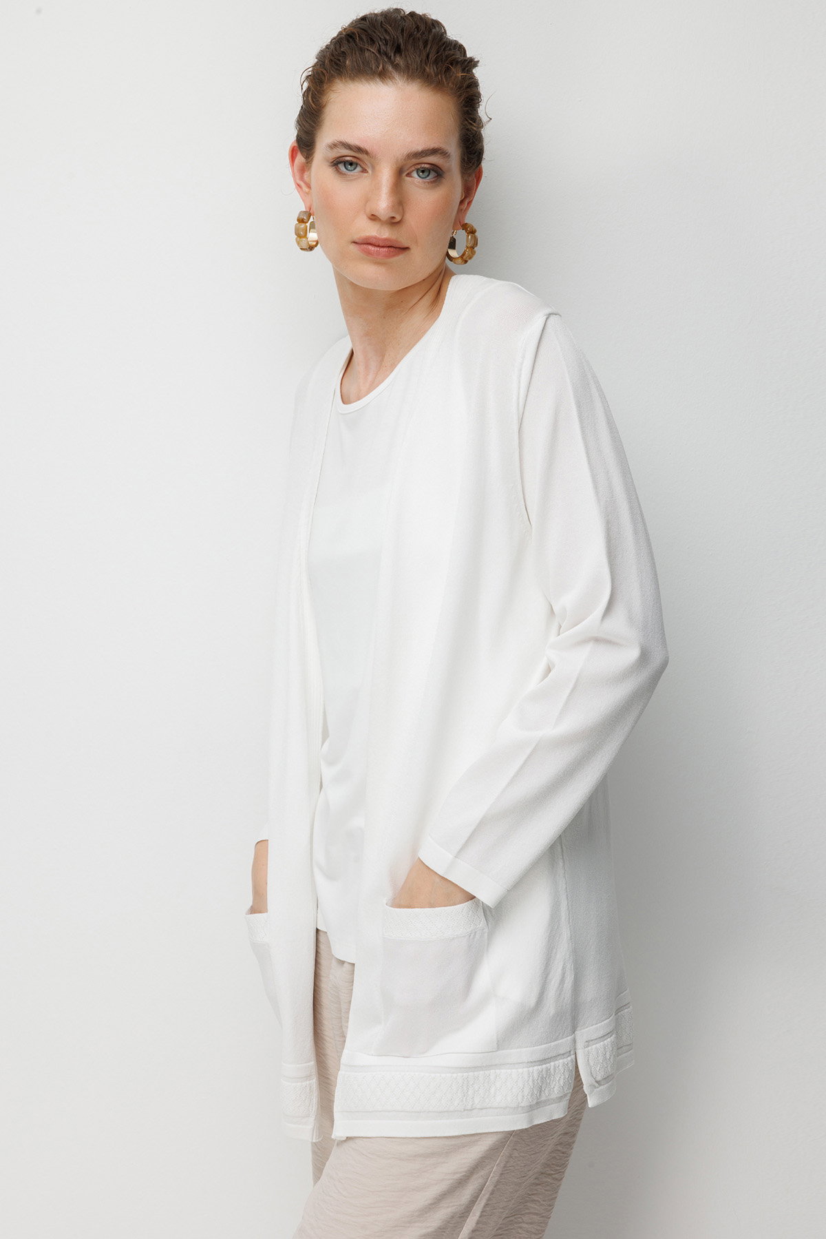 Desen Triko Kadın V Yaka Etek Ucu Baklavalı Önü Açık İnce Triko Hırka 26366 Kemik - 3