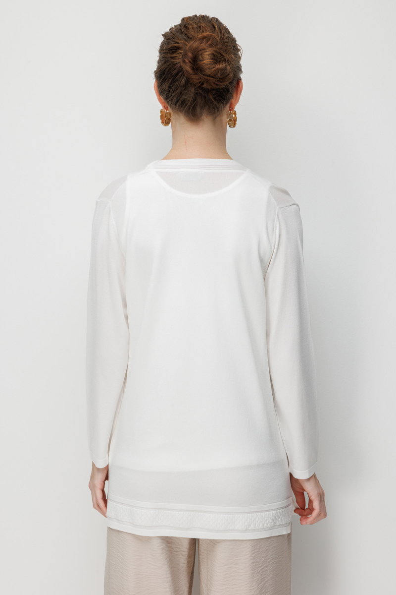 Desen Triko Kadın V Yaka Etek Ucu Baklavalı Önü Açık İnce Triko Hırka 26366 Kemik - 4