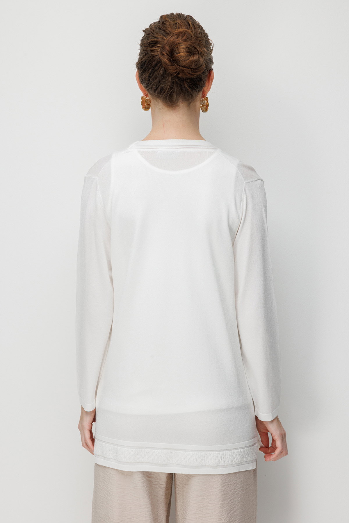 Desen Triko Kadın V Yaka Etek Ucu Baklavalı Önü Açık İnce Triko Hırka 26366 Kemik - 4