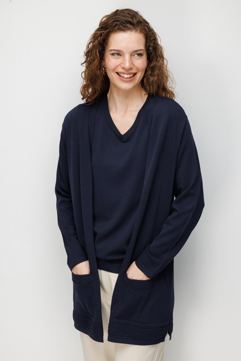 Desen Triko Kadın V Yaka Etek Ucu Baklavalı Önü Açık İnce Triko Hırka 26366 Lacivert - Desen Triko