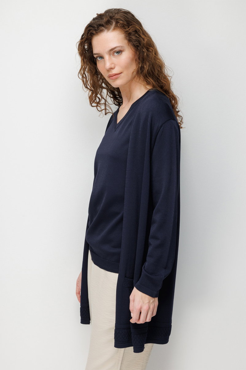 Desen Triko Kadın V Yaka Etek Ucu Baklavalı Önü Açık İnce Triko Hırka 26366 Lacivert - 3