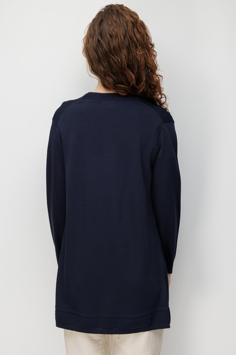 Desen Triko Kadın V Yaka Etek Ucu Baklavalı Önü Açık İnce Triko Hırka 26366 Lacivert - 4