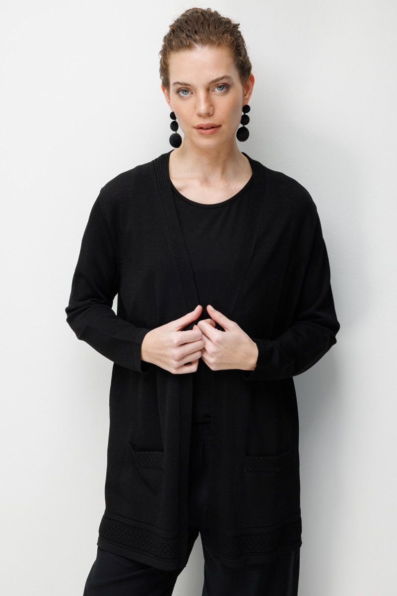 Desen Triko Kadın V Yaka Etek Ucu Baklavalı Önü Açık İnce Triko Hırka 26366 Siyah - Desen Triko