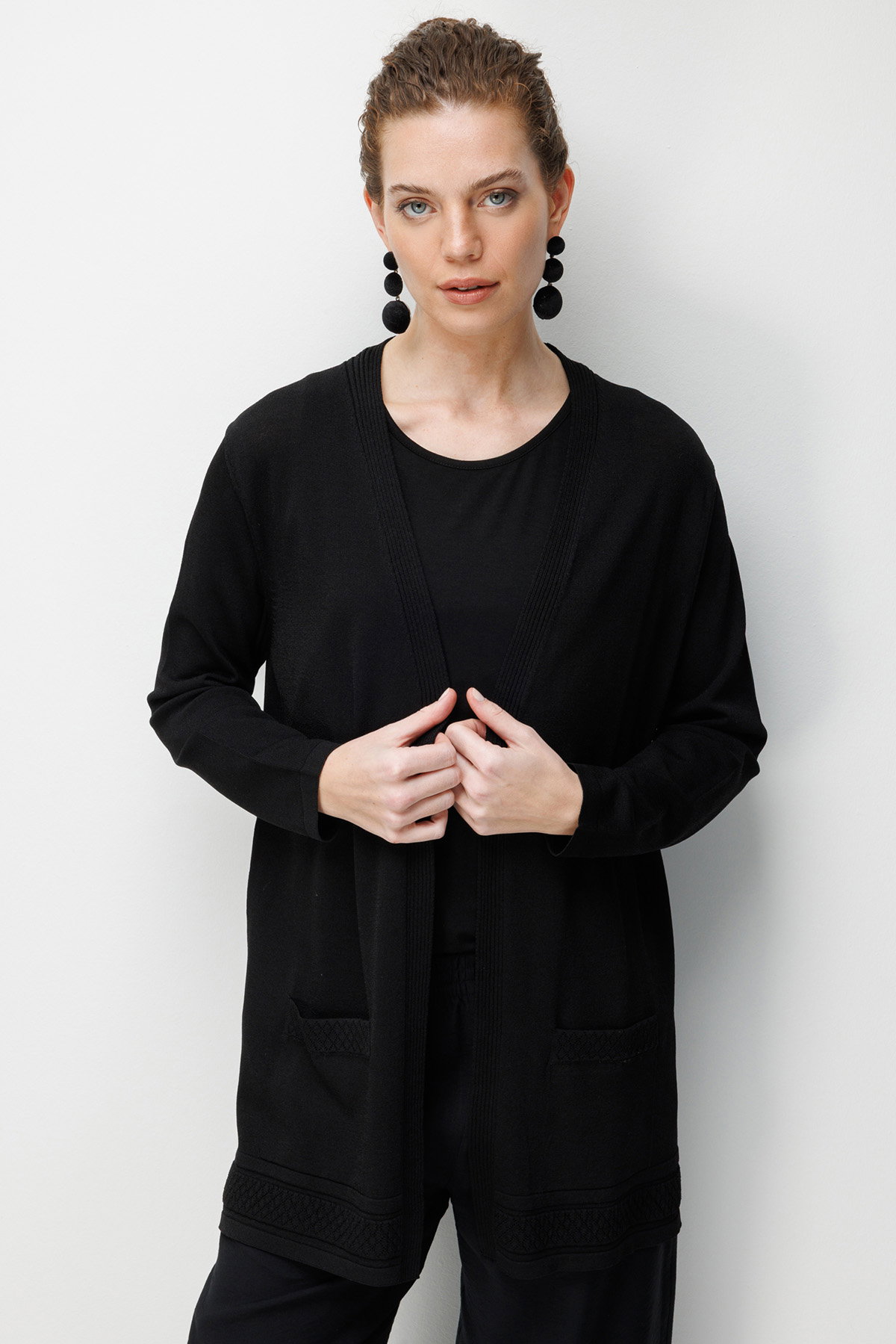 Desen Triko Kadın V Yaka Etek Ucu Baklavalı Önü Açık İnce Triko Hırka 26366 Siyah - 1