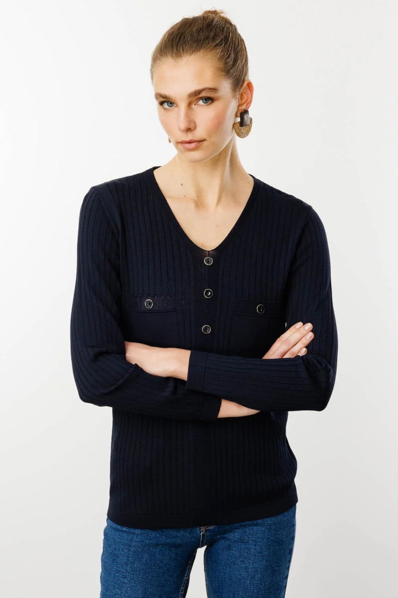 Desen Triko Kadın V Yaka Fitilli Triko Bluz 25353 Lacivert - Desen Triko