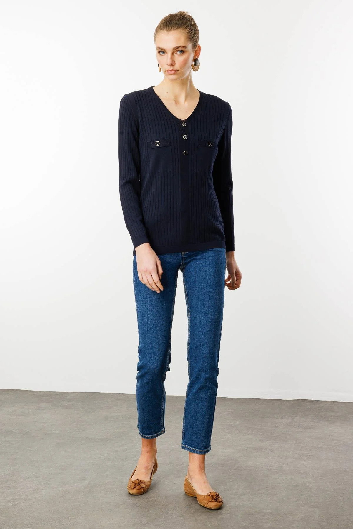 Desen Triko Kadın V Yaka Fitilli Triko Bluz 25353 Lacivert - 2