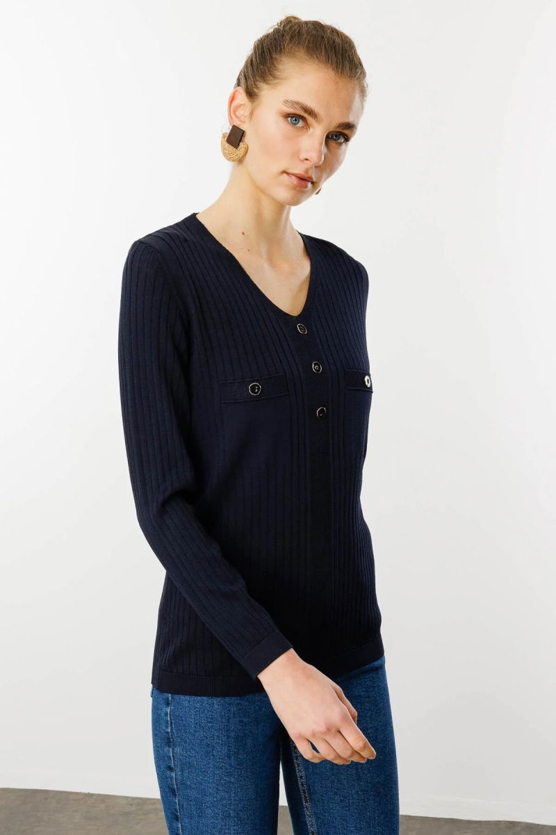 Desen Triko Kadın V Yaka Fitilli Triko Bluz 25353 Lacivert - 3