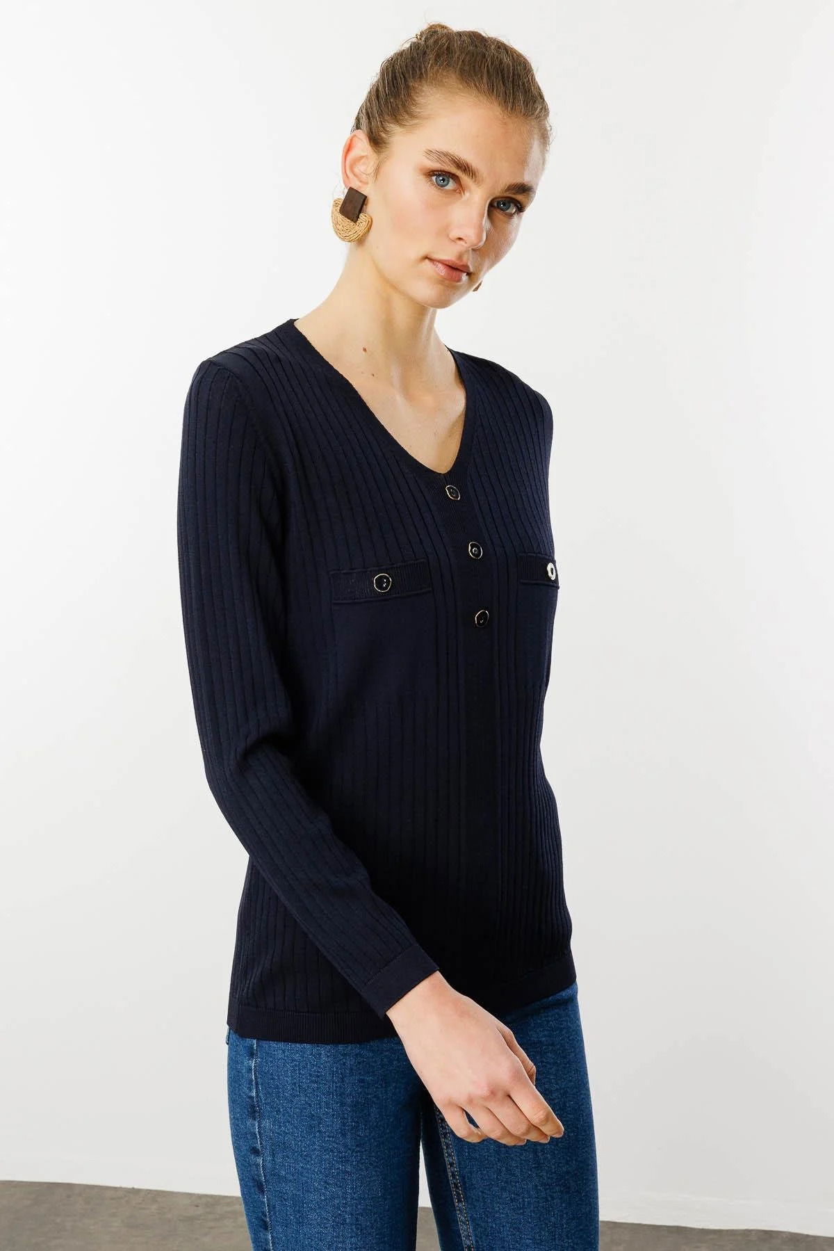 Desen Triko Kadın V Yaka Fitilli Triko Bluz 25353 Lacivert - 3