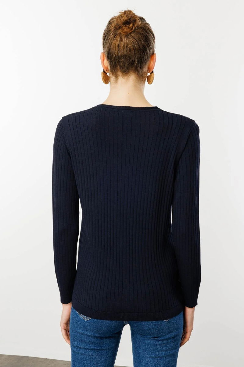 Desen Triko Kadın V Yaka Fitilli Triko Bluz 25353 Lacivert - 4