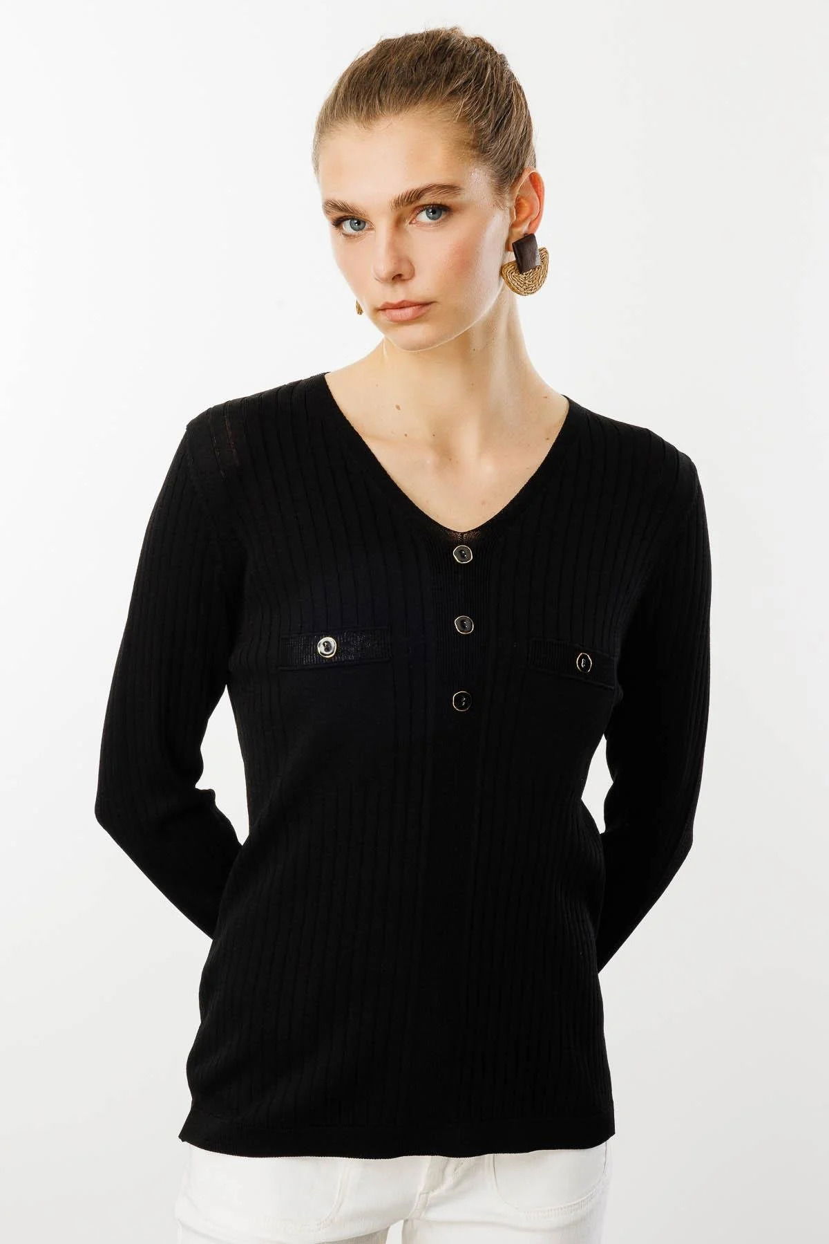 Desen Triko Kadın V Yaka Fitilli Triko Bluz 25353 Siyah - 1