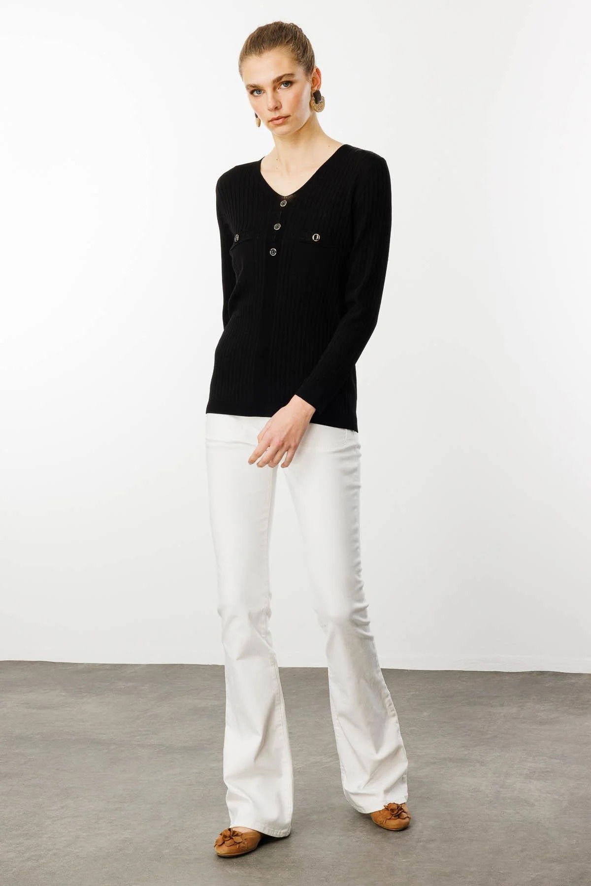 Desen Triko Kadın V Yaka Fitilli Triko Bluz 25353 Siyah - 2