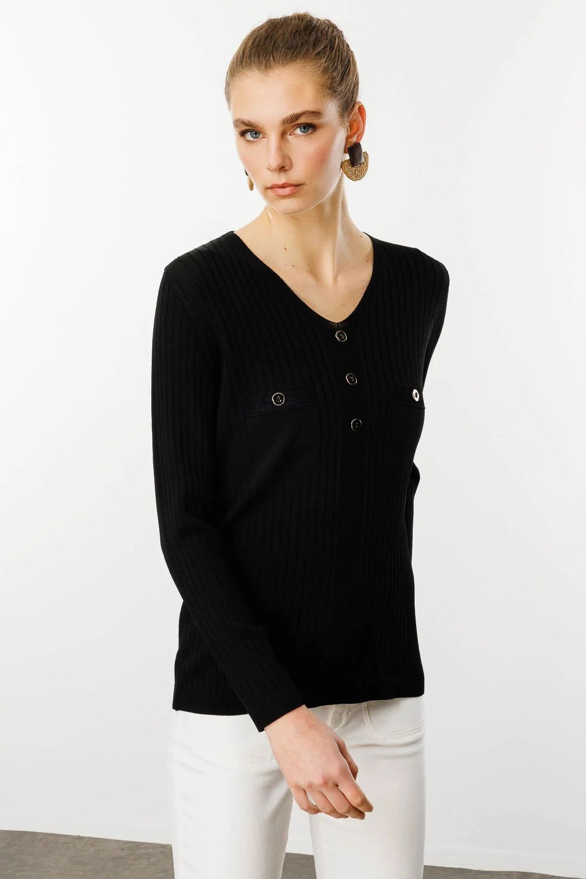 Desen Triko Kadın V Yaka Fitilli Triko Bluz 25353 Siyah - 3