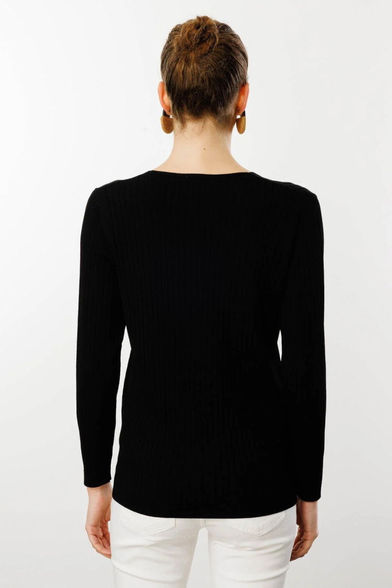 Desen Triko Kadın V Yaka Fitilli Triko Bluz 25353 Siyah - 4