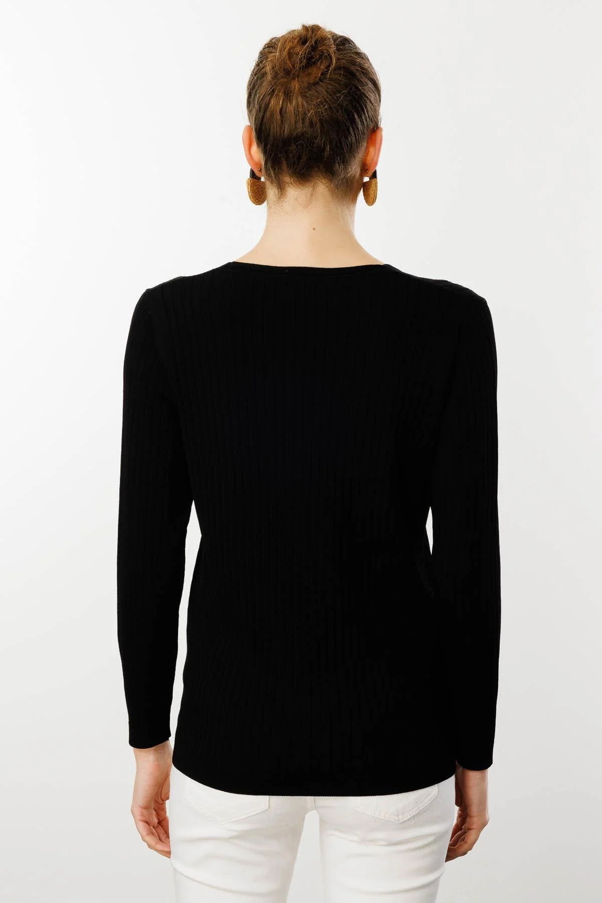 Desen Triko Kadın V Yaka Fitilli Triko Bluz 25353 Siyah - 4