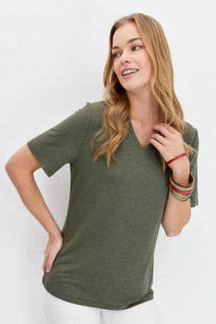 Desen Triko Kadın V Yaka Flamlı Kumaş Basic T-Shirt KMY24085 Haki - 3