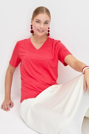 Desen Triko Kadın V Yaka Flamlı Kumaş Basic T-Shirt KMY24085 Mercan 