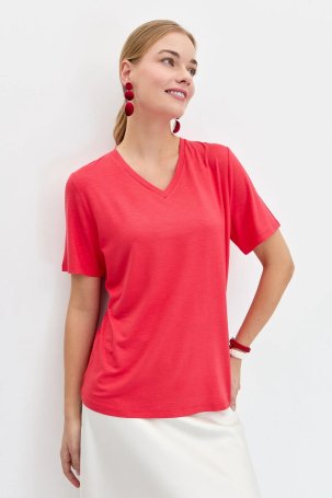 Desen Triko Kadın V Yaka Flamlı Kumaş Basic T-Shirt KMY24085 Mercan - 3