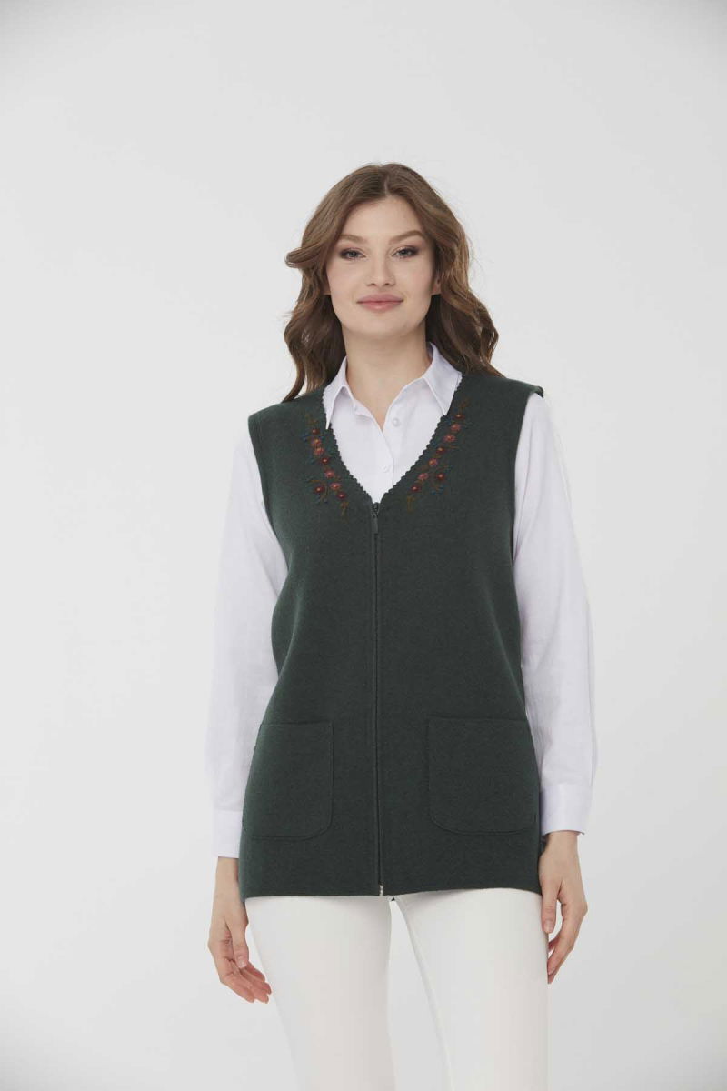 Desen Triko Kadın V Yaka İşlemeli Cepli Yün Yelek 0242191 Yeşil - 6