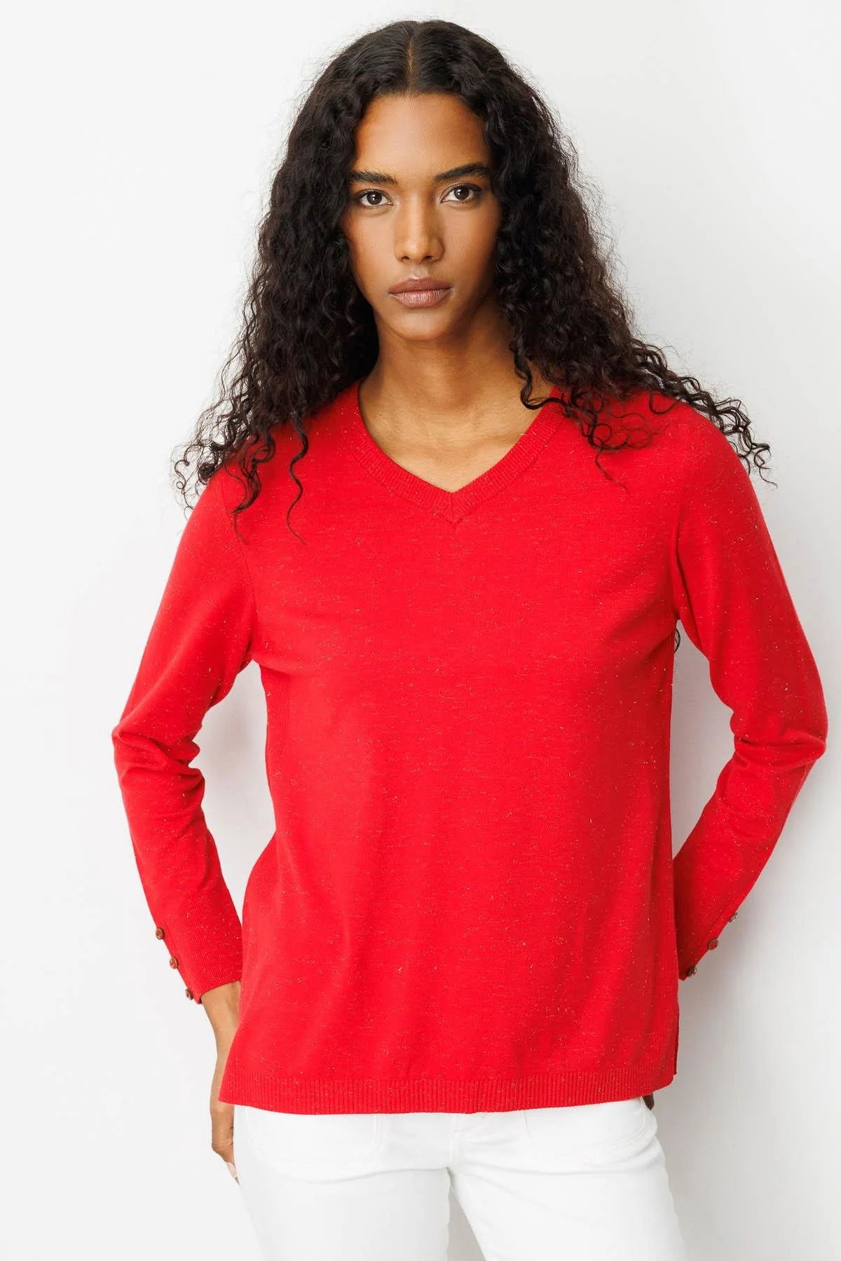 Desen Triko Kadın V Yaka Kolları Düğmeli Simli Bluz 23393 Açık Kırmızı - 1
