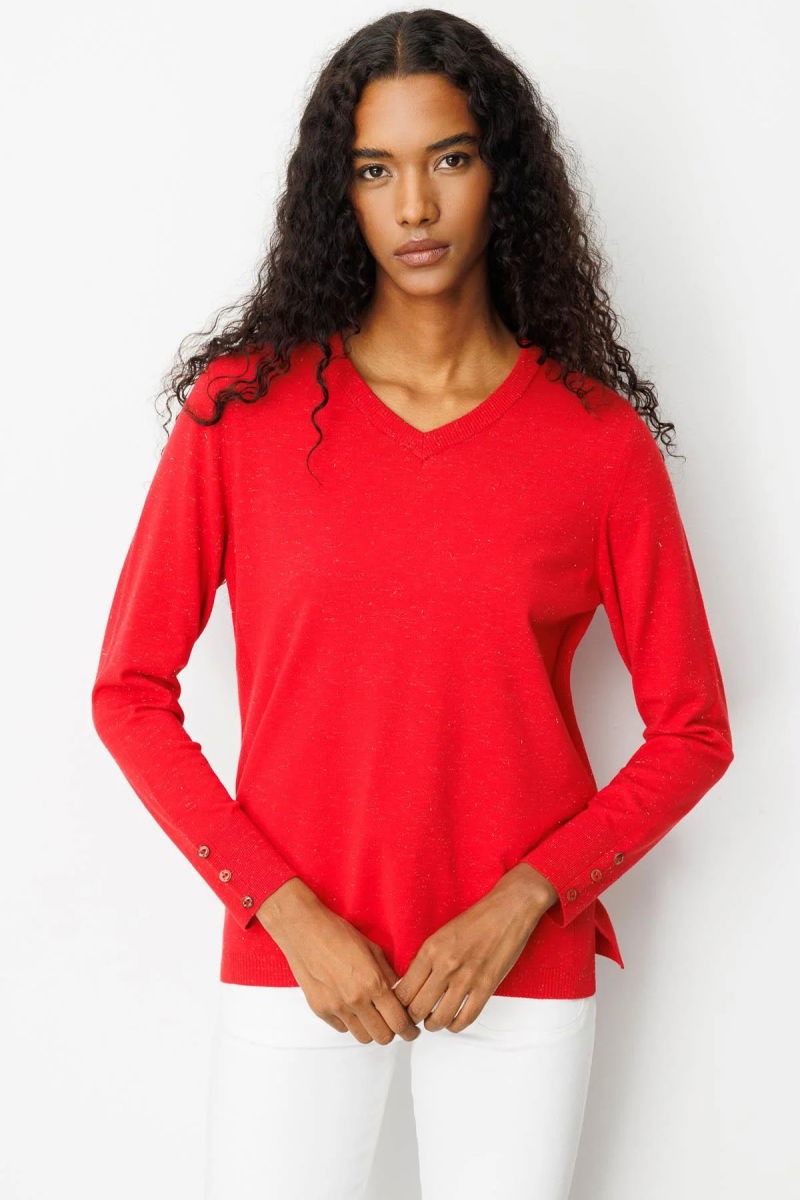 Desen Triko Kadın V Yaka Kolları Düğmeli Simli Bluz 23393 Açık Kırmızı - 2