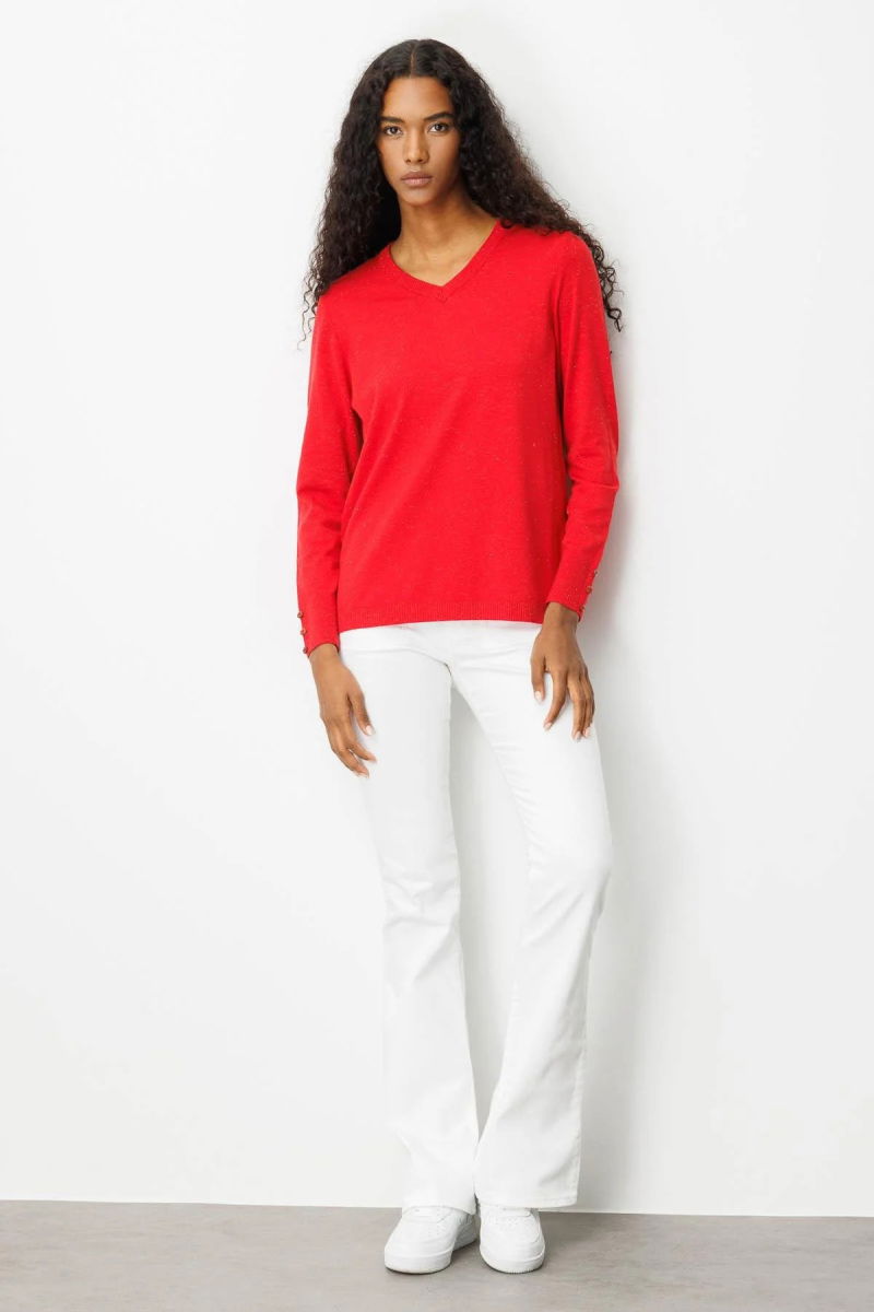 Desen Triko Kadın V Yaka Kolları Düğmeli Simli Bluz 23393 Açık Kırmızı - 3