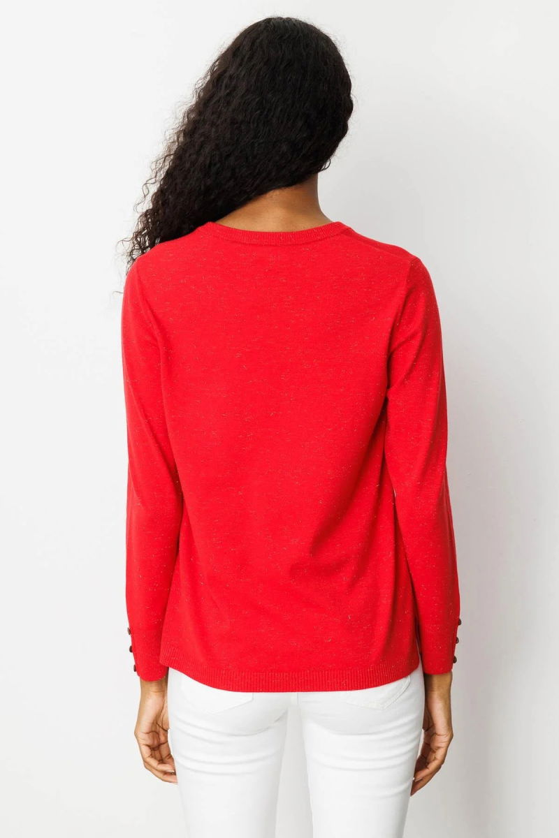 Desen Triko Kadın V Yaka Kolları Düğmeli Simli Bluz 23393 Açık Kırmızı - 4