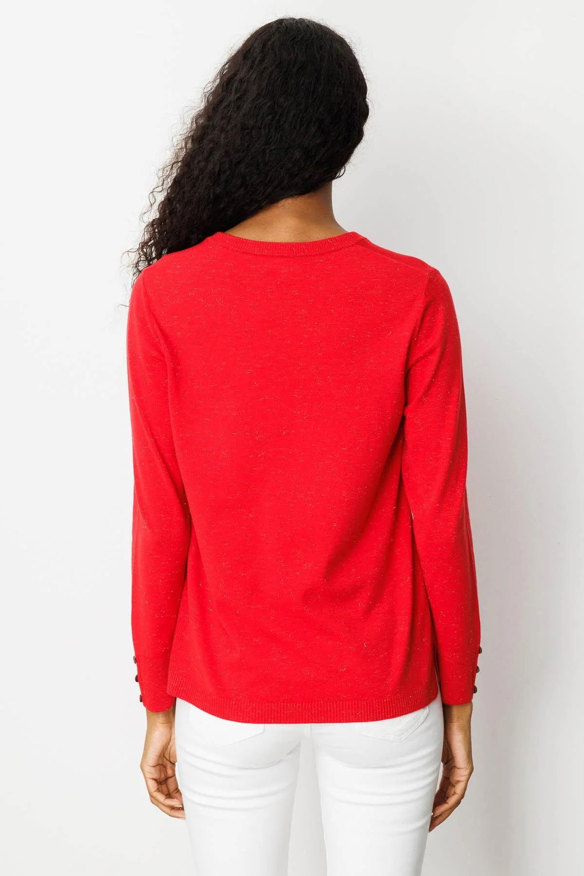 Desen Triko Kadın V Yaka Kolları Düğmeli Simli Bluz 23393 Açık Kırmızı - 4