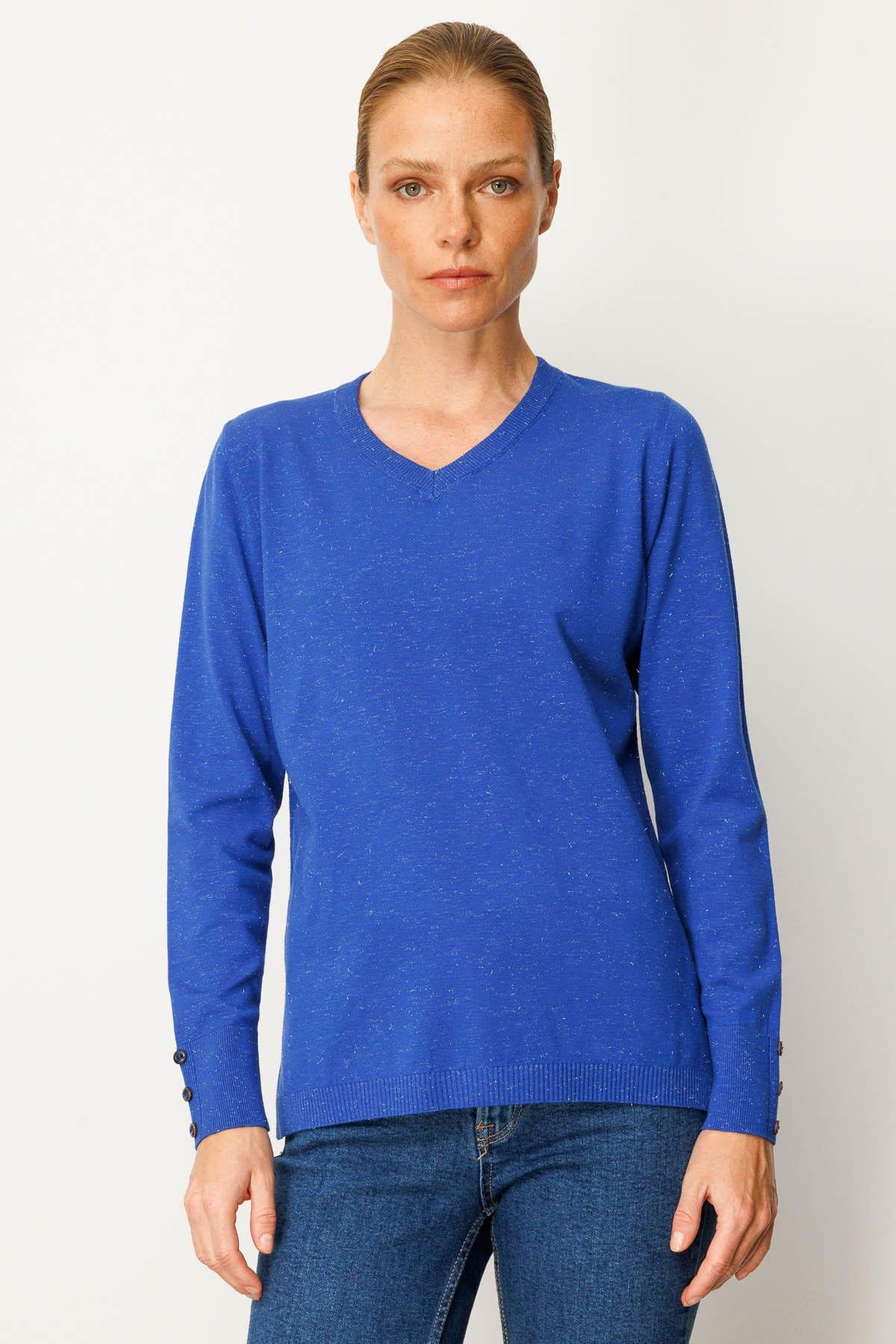 Desen Triko Kadın V Yaka Kolları Düğmeli Simli Bluz 23393 Saks - 1