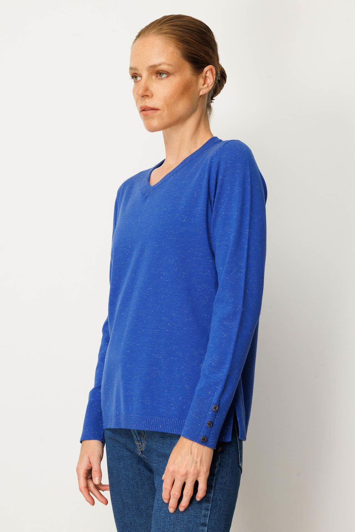 Desen Triko Kadın V Yaka Kolları Düğmeli Simli Bluz 23393 Saks - 2