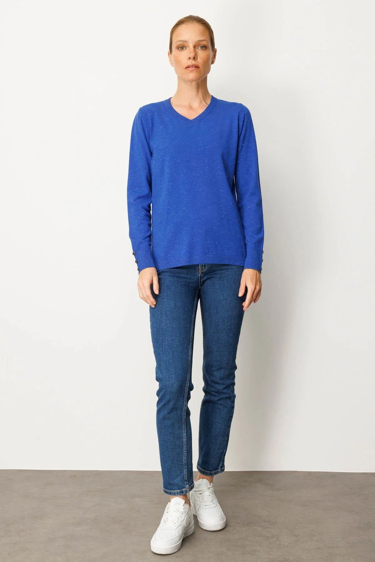 Desen Triko Kadın V Yaka Kolları Düğmeli Simli Bluz 23393 Saks - 3