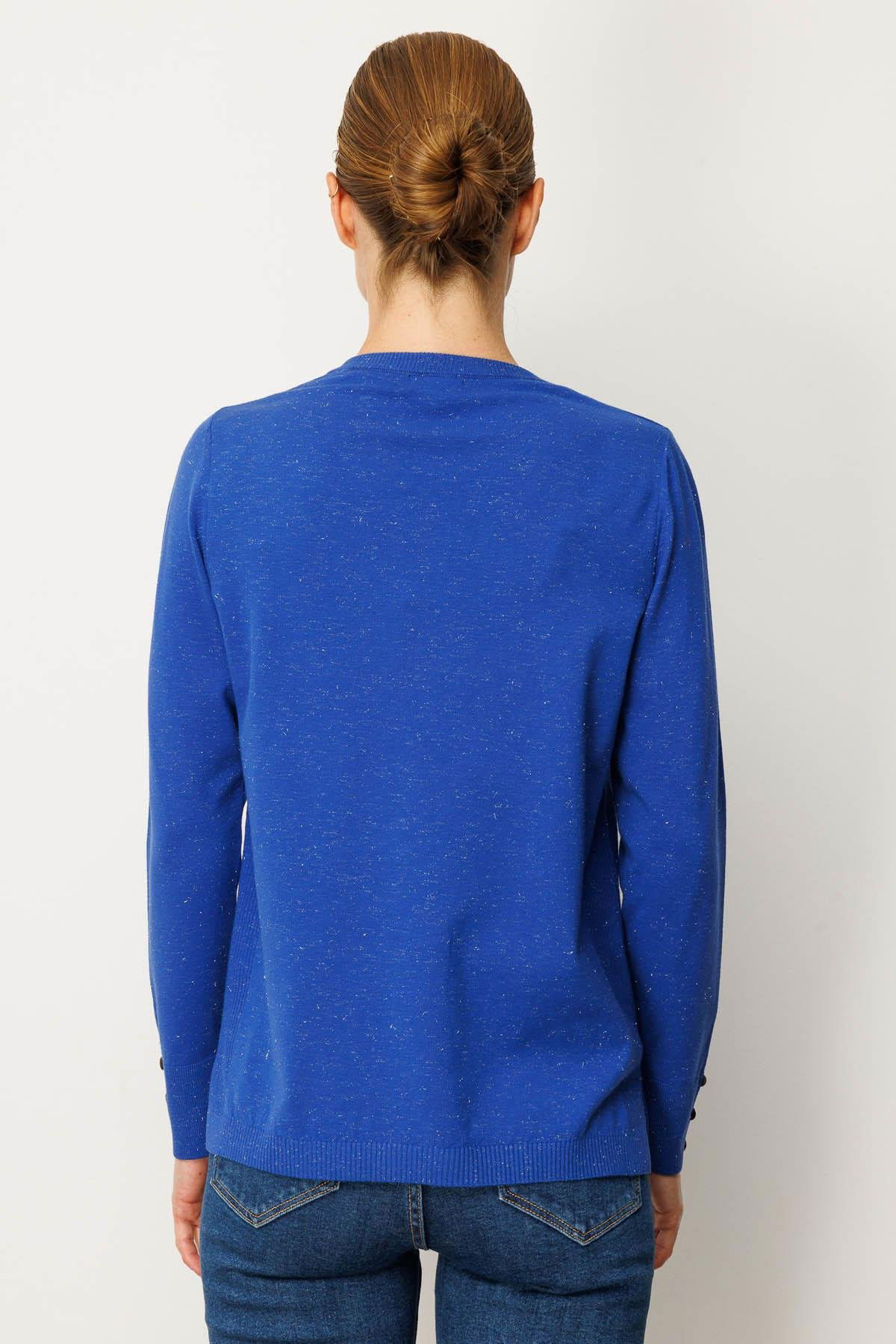 Desen Triko Kadın V Yaka Kolları Düğmeli Simli Bluz 23393 Saks - 4