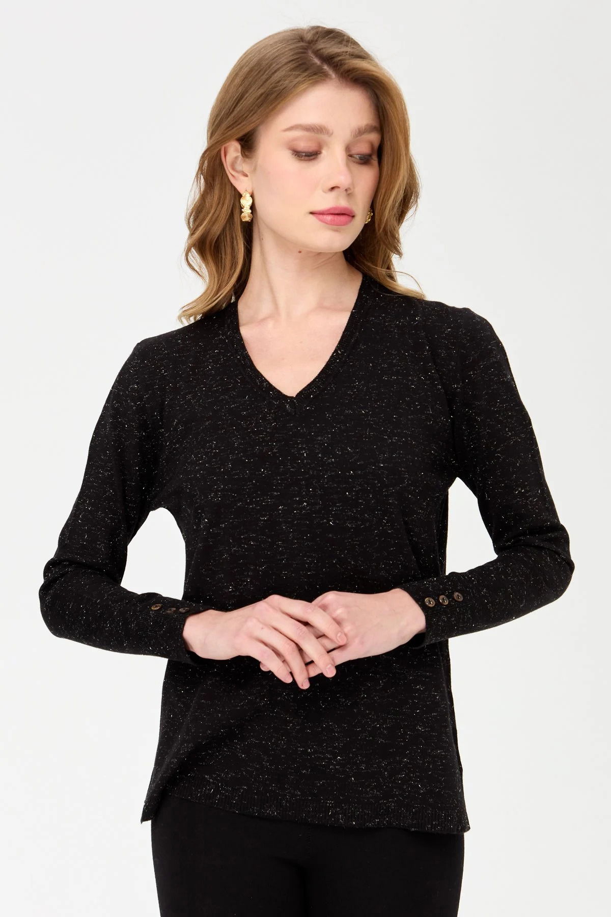 Desen Triko Kadın V Yaka Kolları Düğmeli Simli Bluz 23393 Siyah - 1