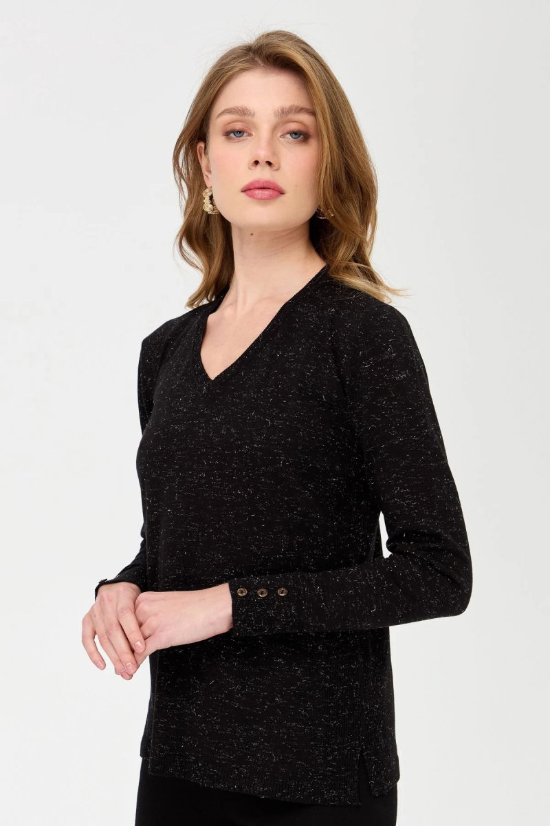 Desen Triko Kadın V Yaka Kolları Düğmeli Simli Bluz 23393 Siyah - 2