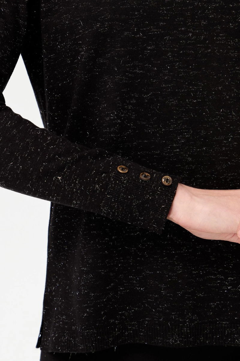 Desen Triko Kadın V Yaka Kolları Düğmeli Simli Bluz 23393 Siyah - 3