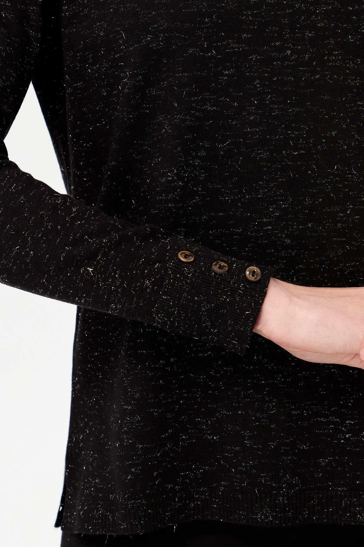 Desen Triko Kadın V Yaka Kolları Düğmeli Simli Bluz 23393 Siyah - 3