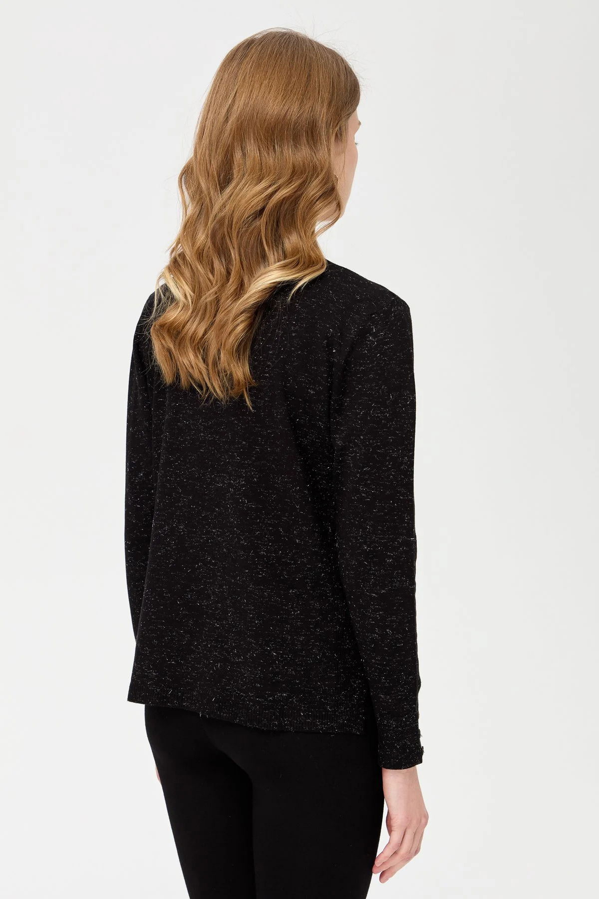 Desen Triko Kadın V Yaka Kolları Düğmeli Simli Bluz 23393 Siyah - 4