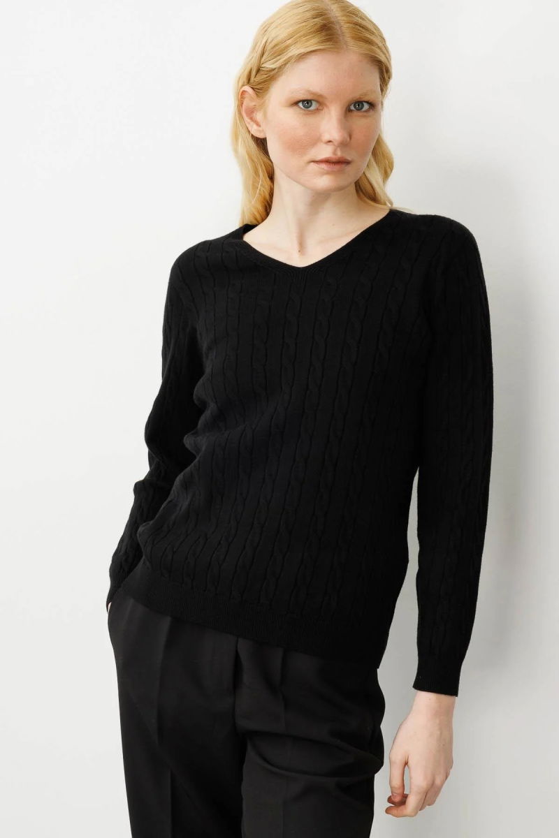 Desen Triko Kadın V Yaka Komple Saç Örgülü Kazak 24328 Siyah - Desen Triko