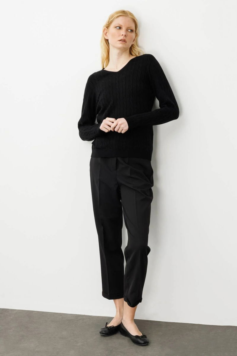 Desen Triko Kadın V Yaka Komple Saç Örgülü Kazak 24328 Siyah - 2