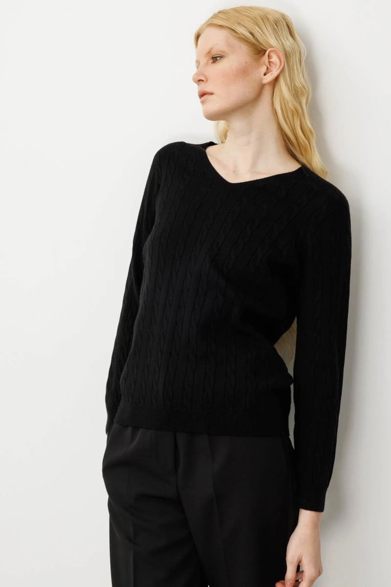 Desen Triko Kadın V Yaka Komple Saç Örgülü Kazak 24328 Siyah - 3