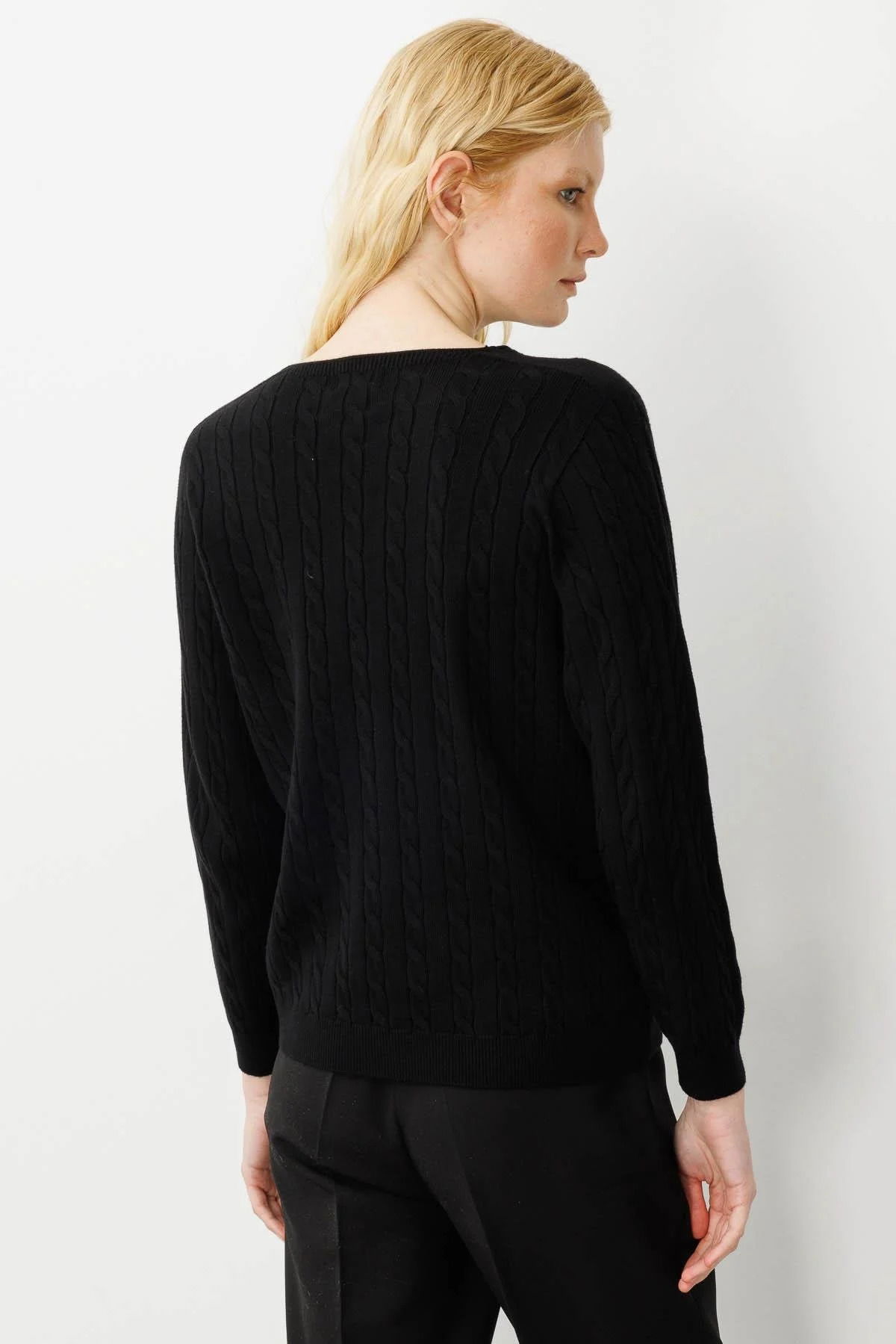 Desen Triko Kadın V Yaka Komple Saç Örgülü Kazak 24328 Siyah - 4