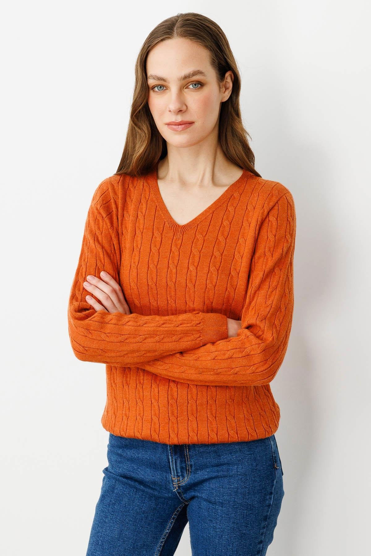 Desen Triko Kadın V Yaka Komple Saç Örgülü Kazak 24328 Turuncu - 1