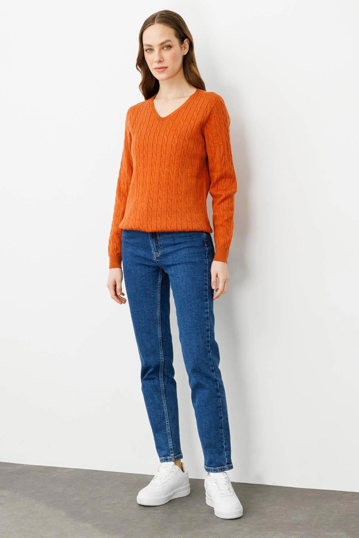 Desen Triko Kadın V Yaka Komple Saç Örgülü Kazak 24328 Turuncu - 2