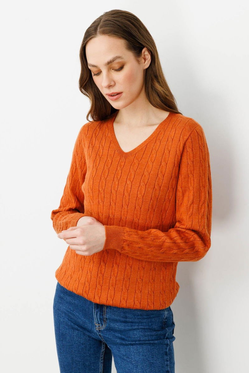 Desen Triko Kadın V Yaka Komple Saç Örgülü Kazak 24328 Turuncu - 3