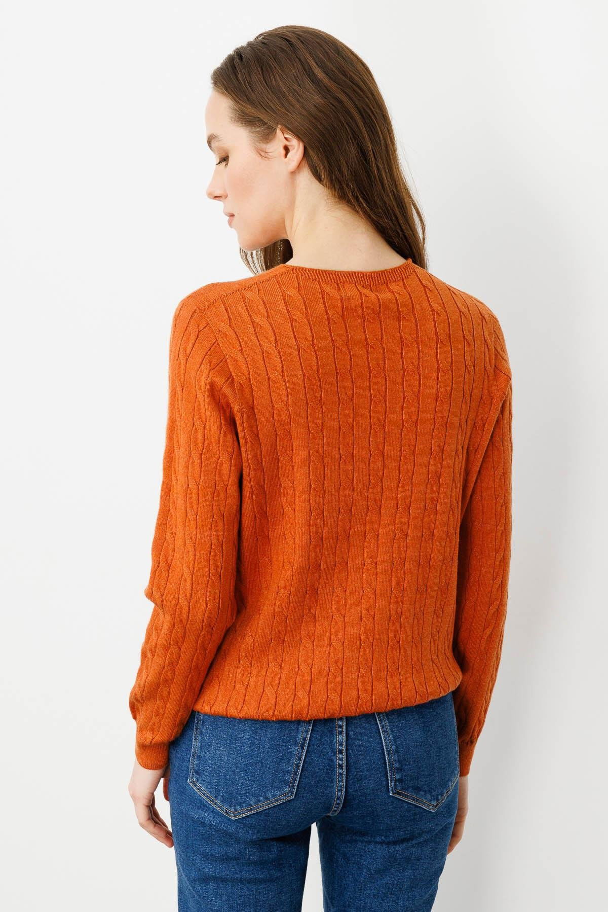 Desen Triko Kadın V Yaka Komple Saç Örgülü Kazak 24328 Turuncu - 4