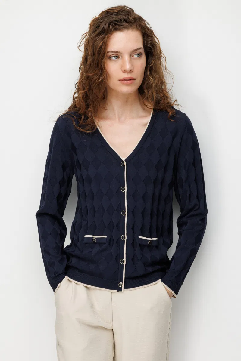 Desen Triko Kadın V Yaka Küçük Baklava Desenli İnce Triko Hırka 26360 Lacivert - Desen Triko