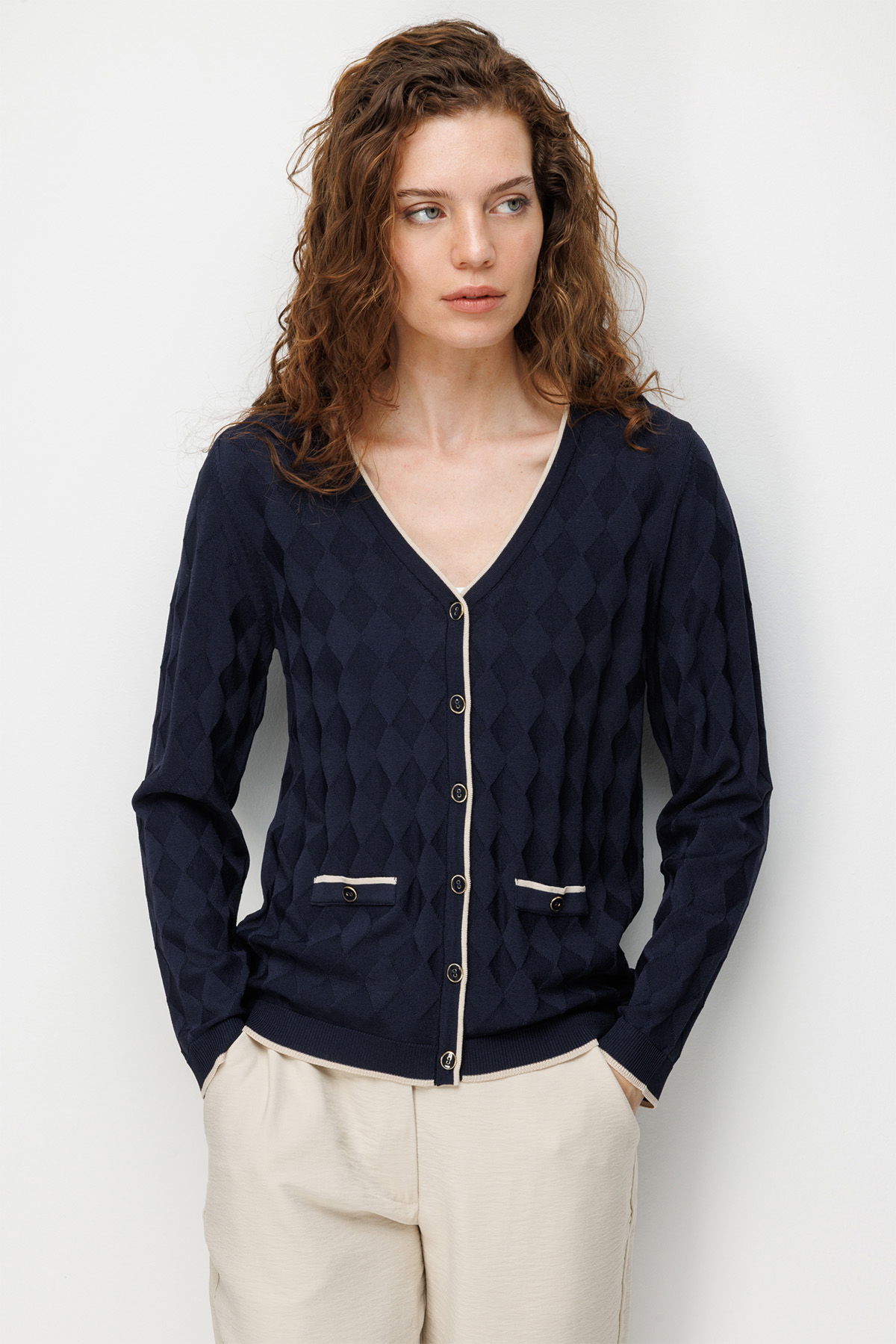 Desen Triko Kadın V Yaka Küçük Baklava Desenli İnce Triko Hırka 26360 Lacivert - 1