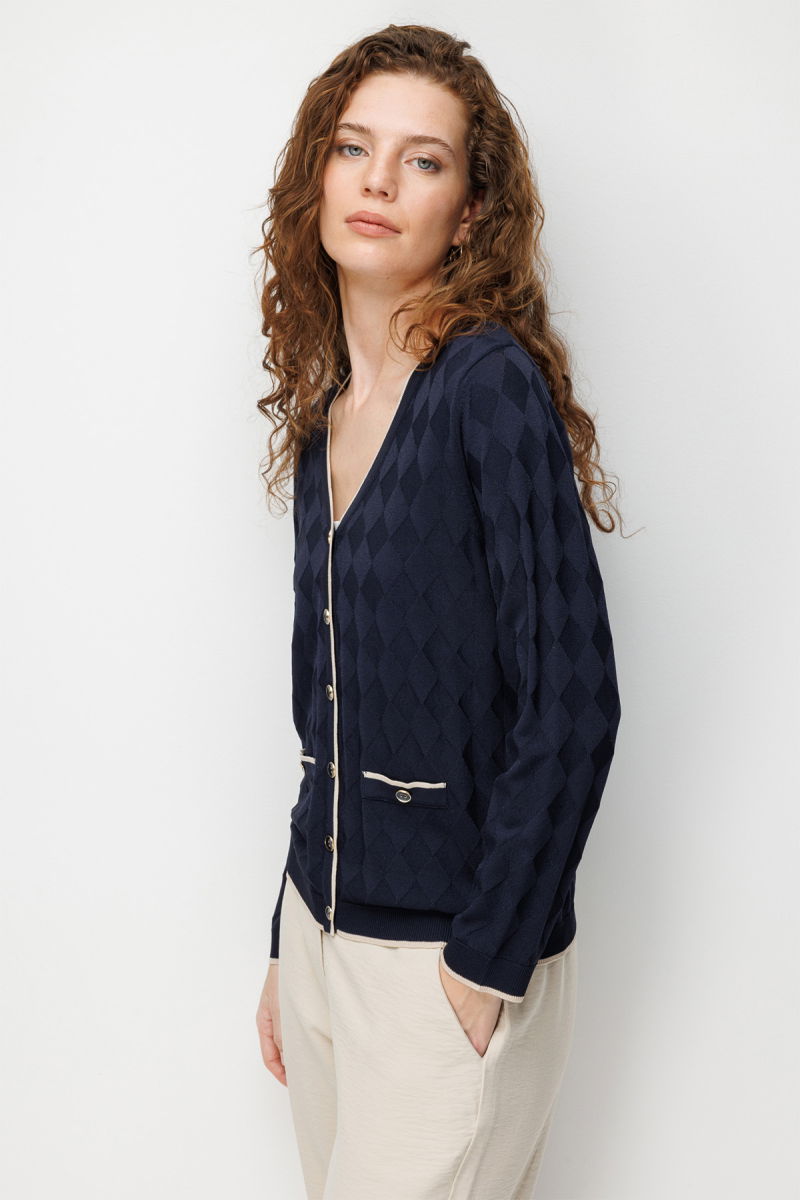 Desen Triko Kadın V Yaka Küçük Baklava Desenli İnce Triko Hırka 26360 Lacivert - 3