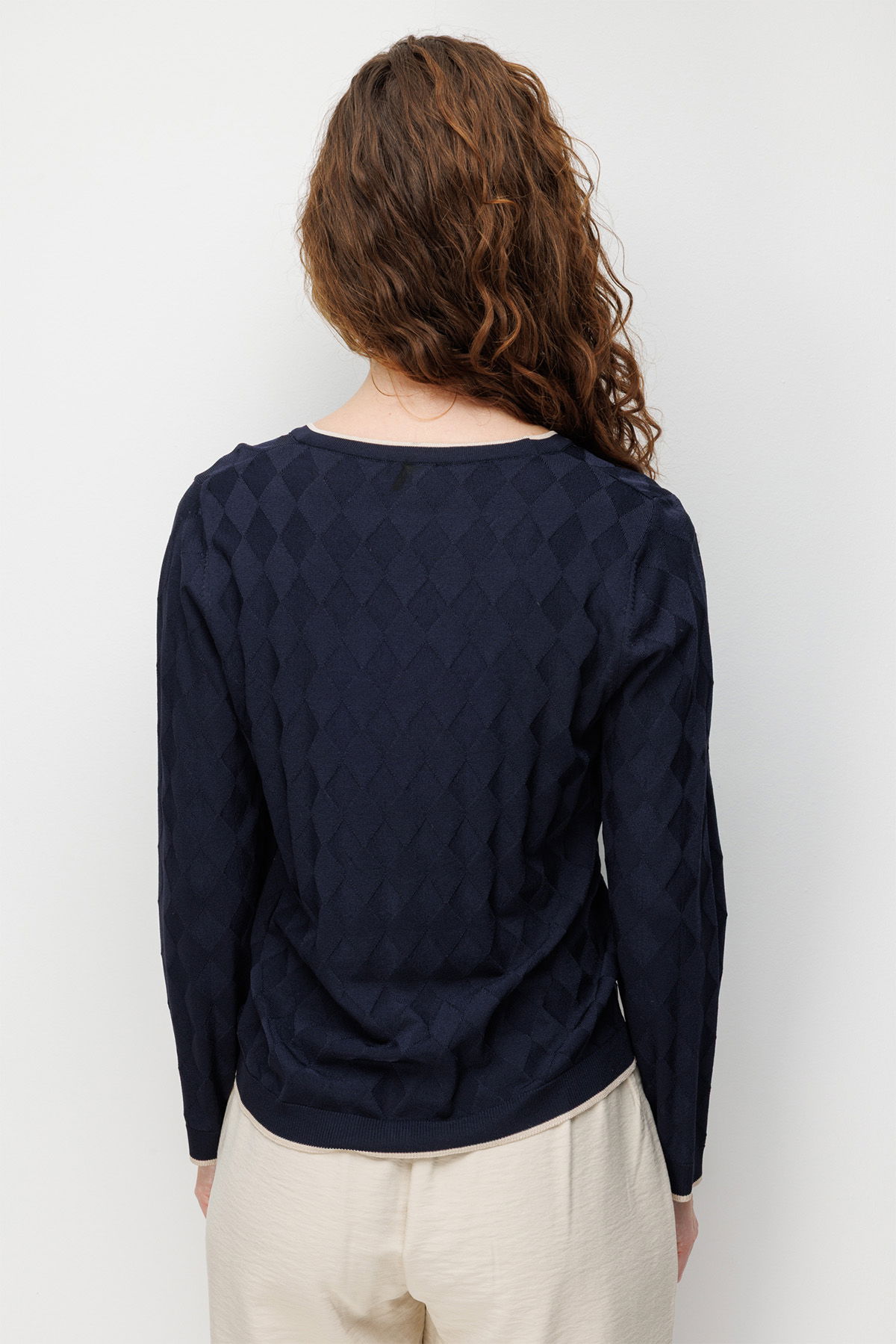 Desen Triko Kadın V Yaka Küçük Baklava Desenli İnce Triko Hırka 26360 Lacivert - 4